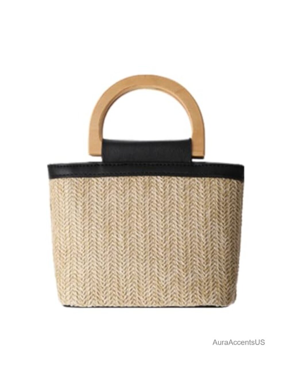 Straw Handbag Small Woven Tote Wooden Handle Adjustable Strap Crossbody